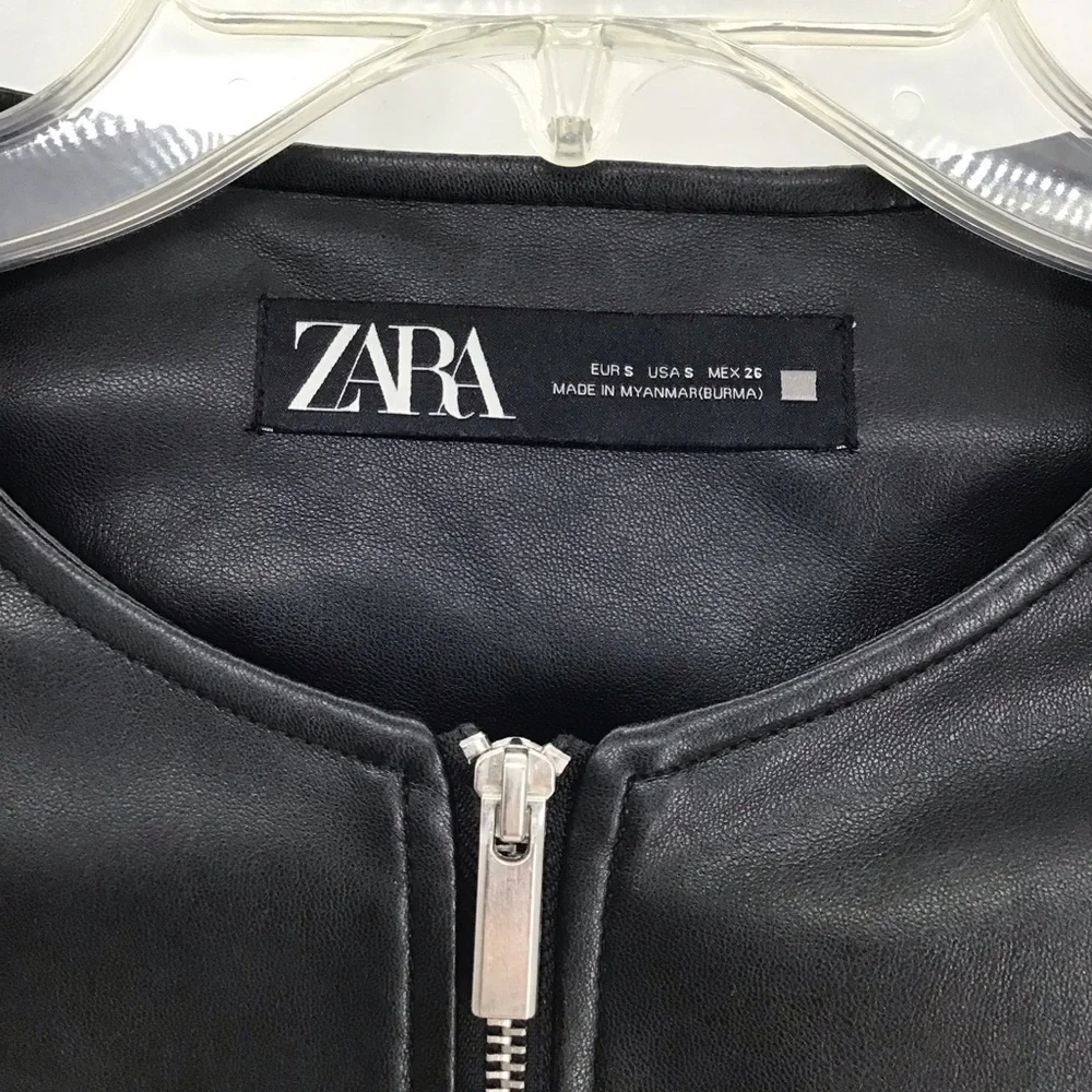 ZARA Faux Leather Moto Biker Collarless Jacket Edgy Career Black Size Small - Picture 6 of 10